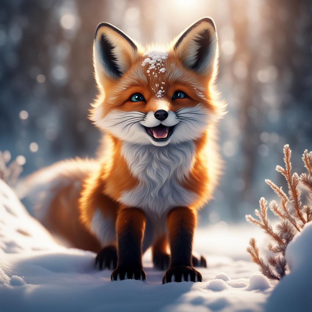 Cute Fox Cub in Snowy Fantasy Landscape