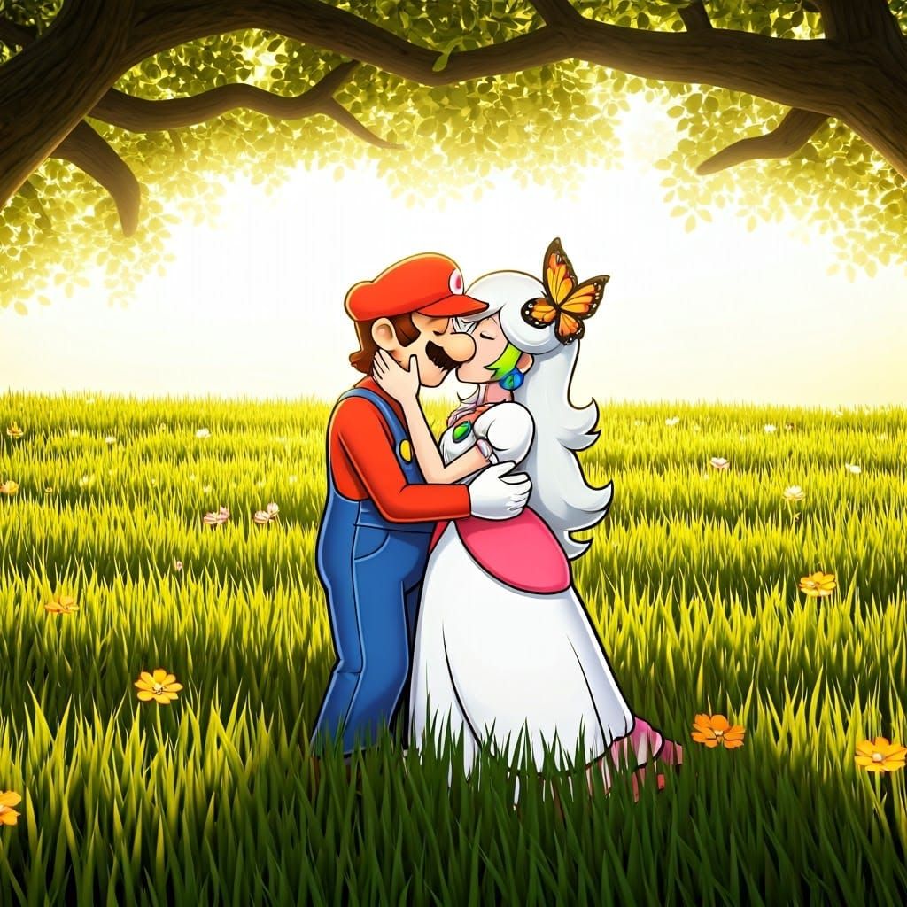 Romantic Kiss in a Field: Photorealistic Fantasy Scene