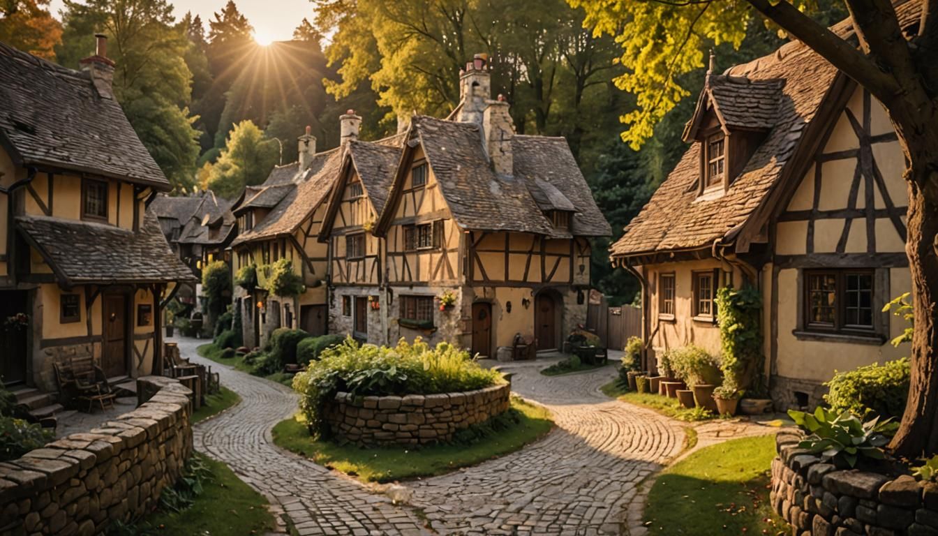 Picturesque Medieval Village in Golden Light