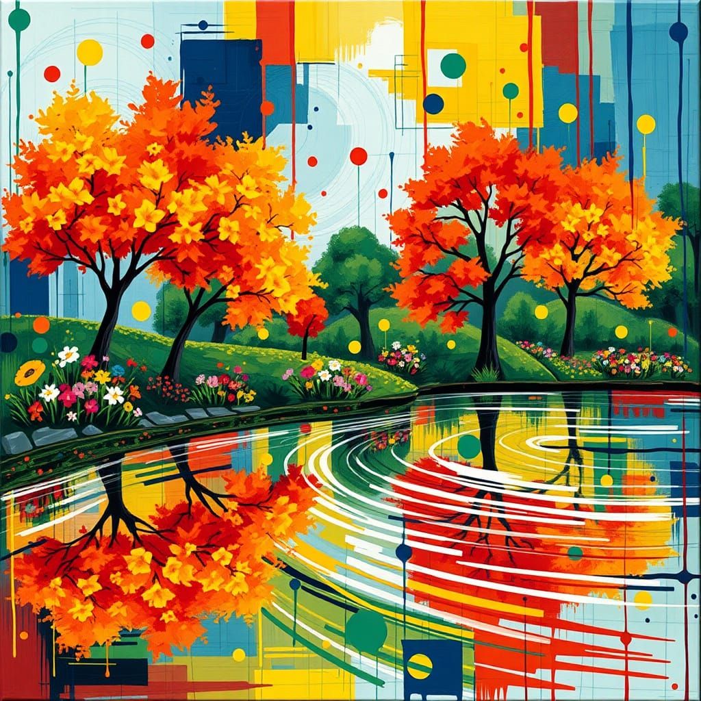 Autumn Riverbank in Cubist Geometric Style