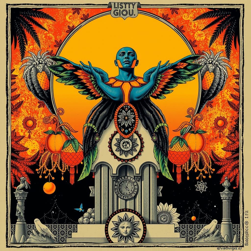 Surreal Rainbow Jungle with Giant Fruits and Marble Etchings