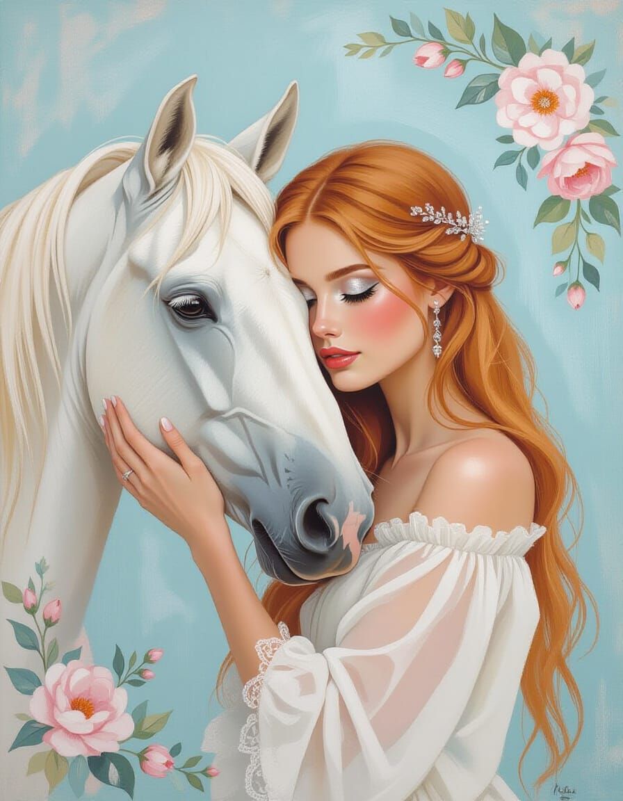 Ethereal Woman and Horse in Impressionist Style