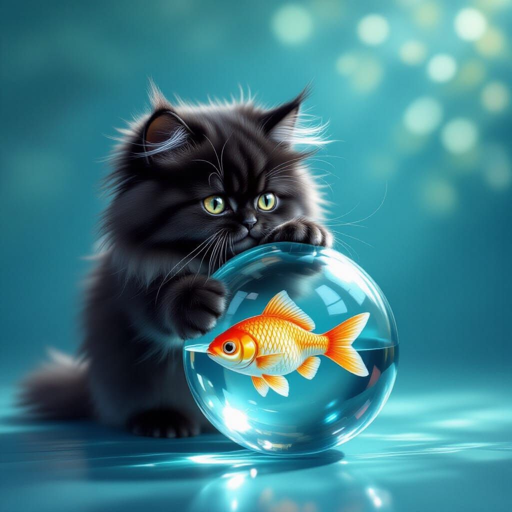 Fluffy Black Persian Cat Plays with Fish Toy in Glass Ball