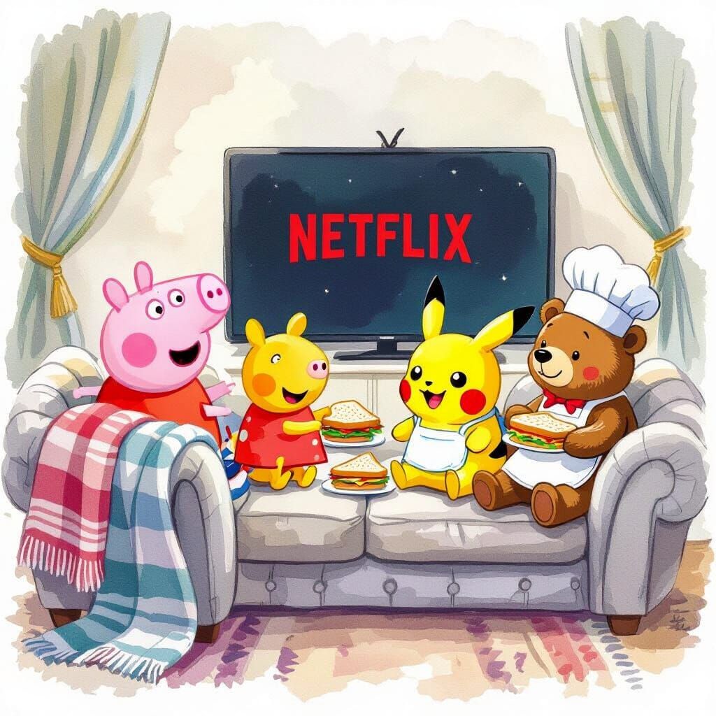 Peppa Pig and Pikachu Watching Netflix in Watercolours