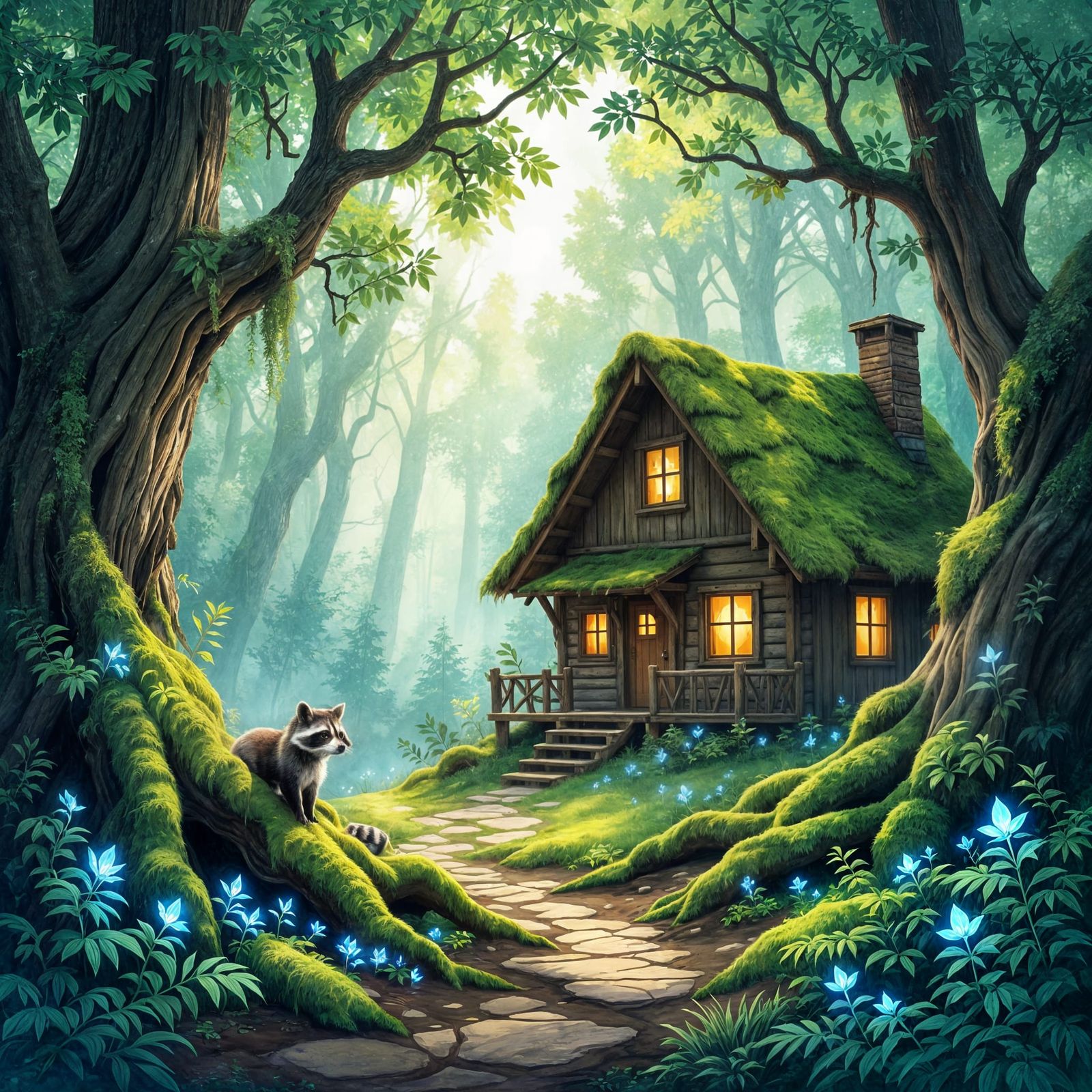Bioluminescent Forest Cabin in Watercolor Style