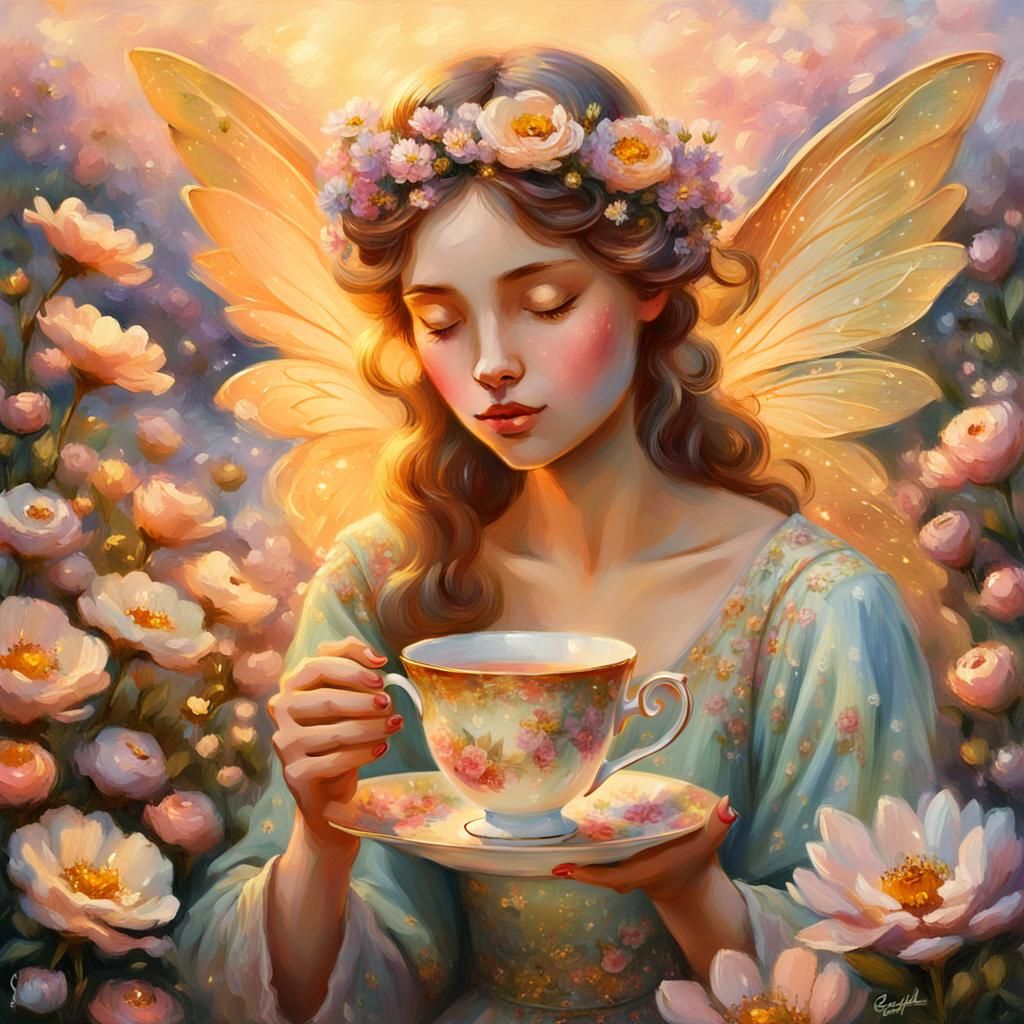 Floral Fairy with Golden Wings: Impressionist Sunset