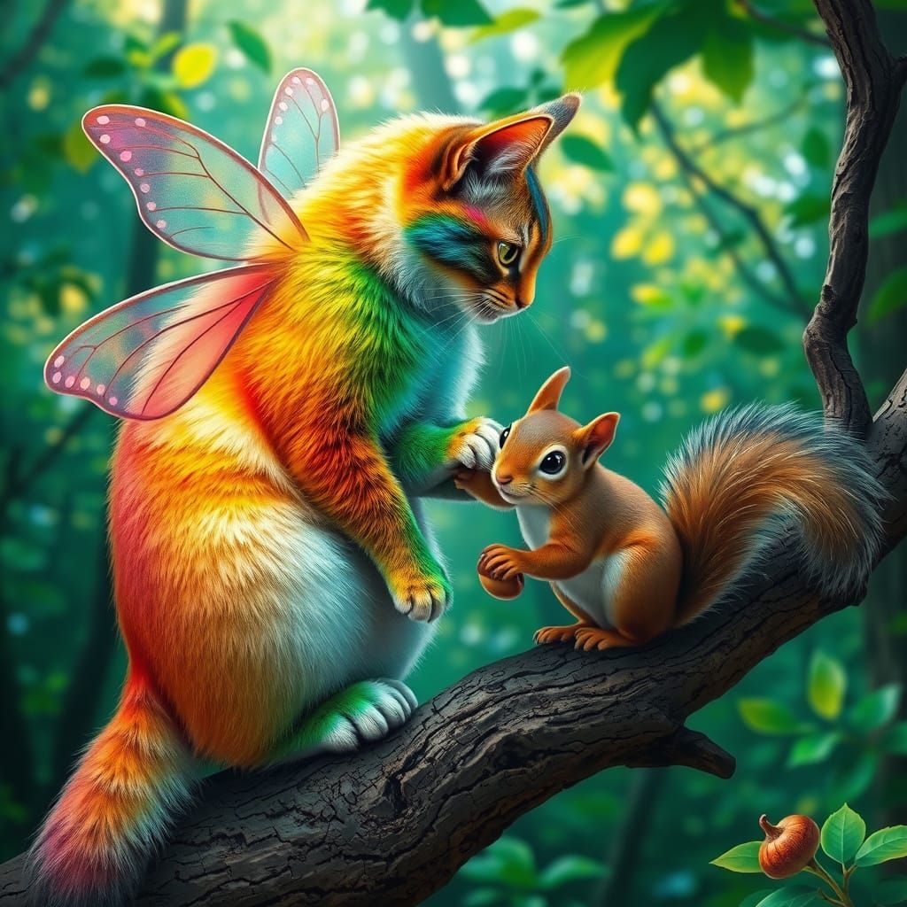 Rainbow Cat with Butterfly Wings Looks Down at a Surprised S...