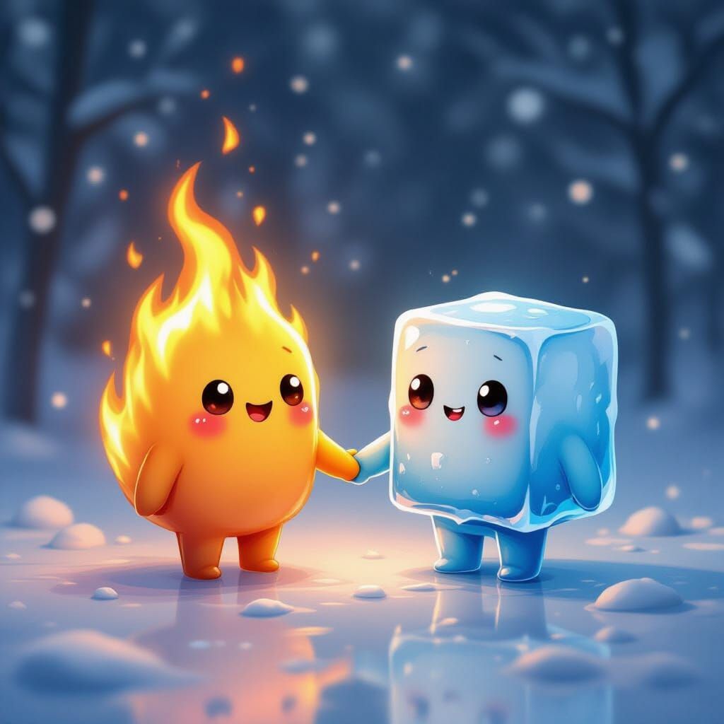 Kawaii Flame and Ice Friends Holding Hands