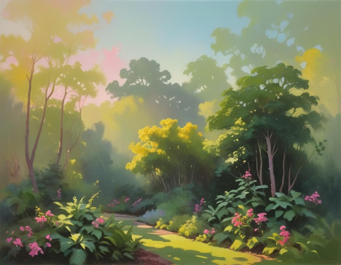 Lush Pink Garden Plants as Impressionist Oil Painting