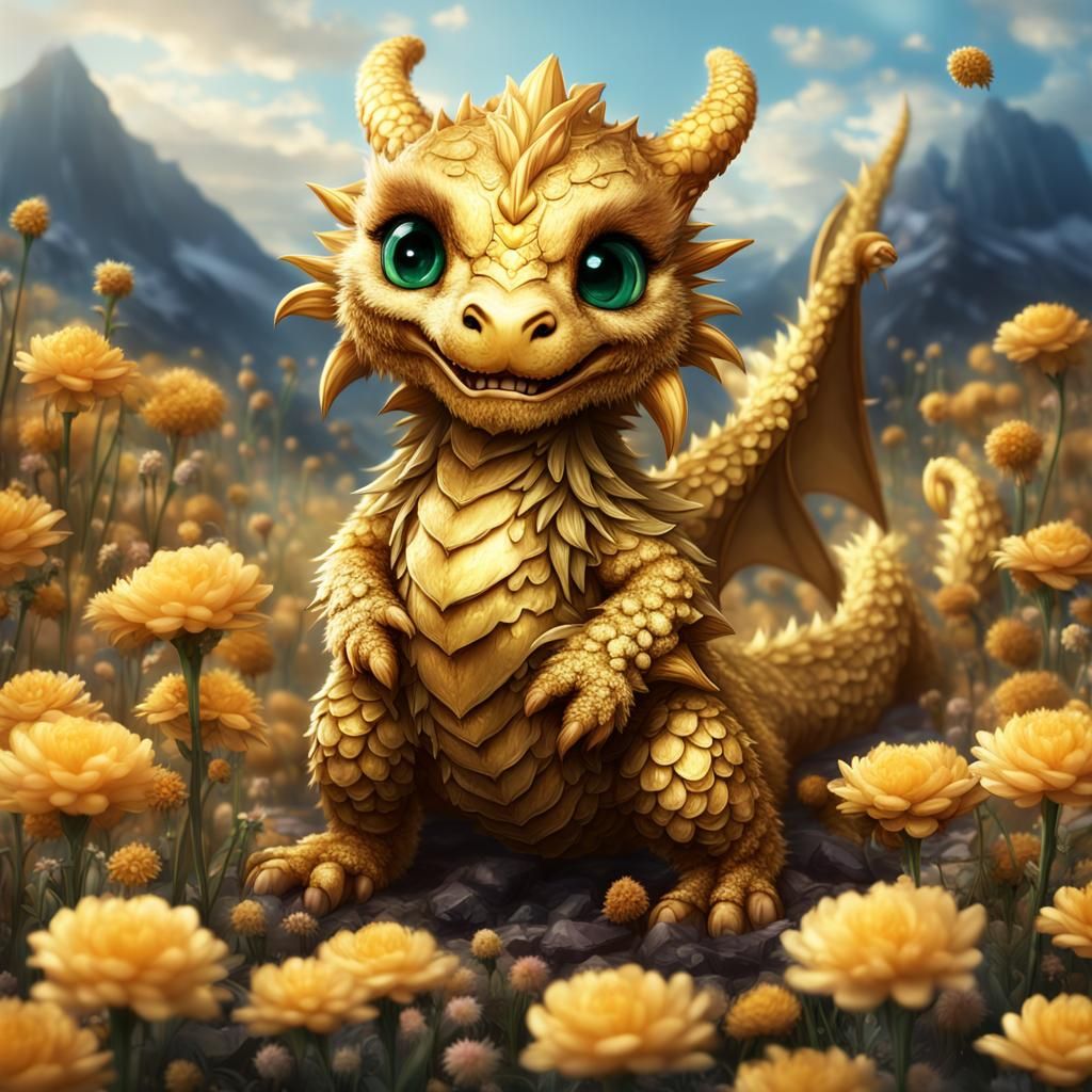Chibi Golden Dragon in Desiccated Flower Field