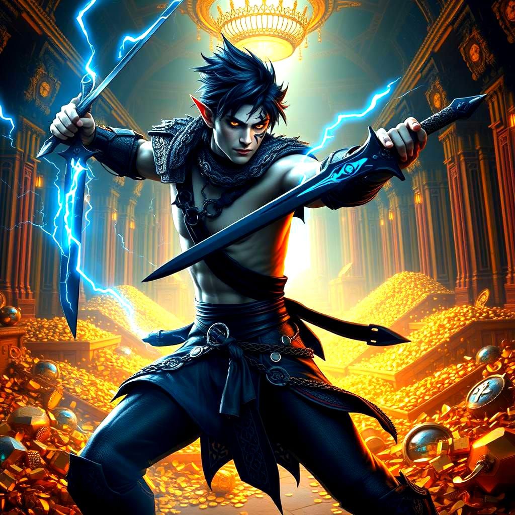 Half-Elf Rogue in Treasure Hall, Fantasy Art