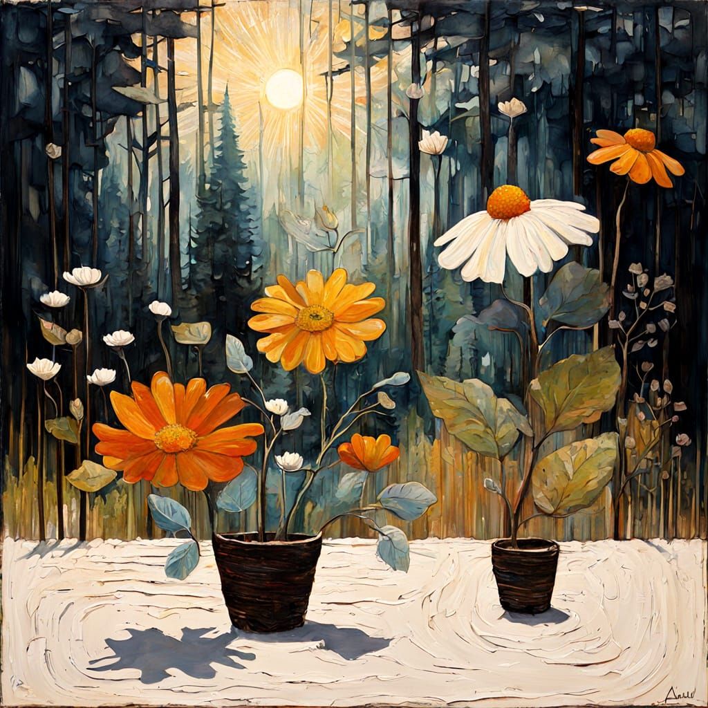 Encaustic Painting of Weathered Door with Forest View