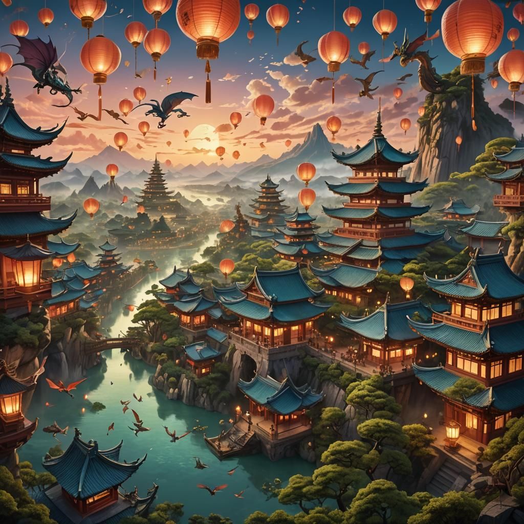 Lantern Festival with Dragons, Miyazaki-Inspired Matte Paint...