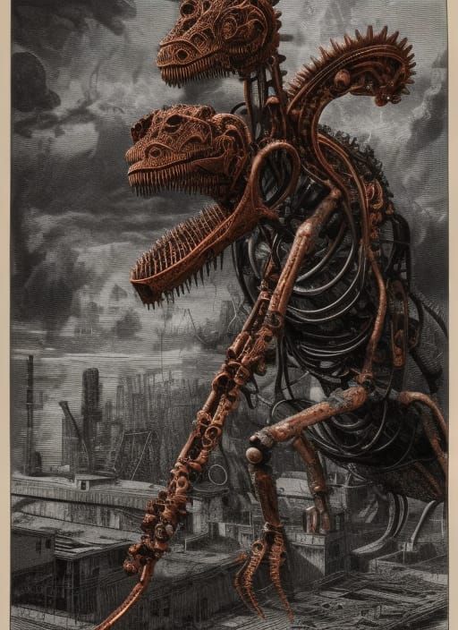 Cyborg Dinosaur in Dystopian Wasteland