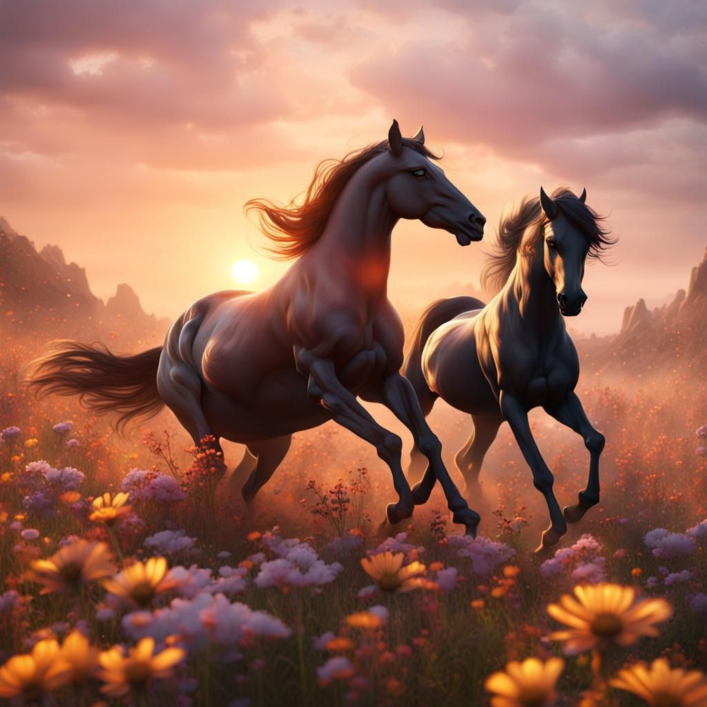 Stallions Clash in Floral Field: Fantasy Concept Art