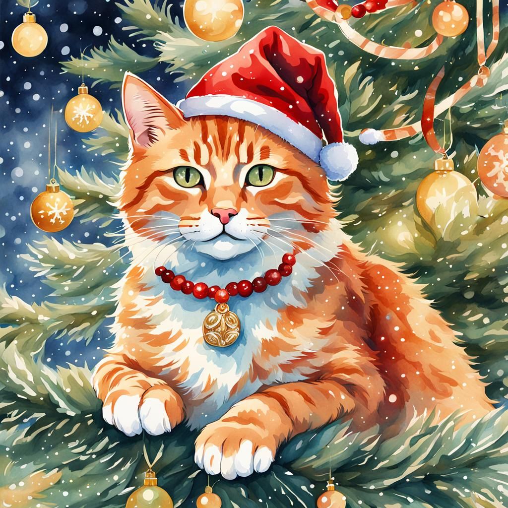 Ginger Cat in Elegant Christmas Scene, Whimsical Watercolor....
