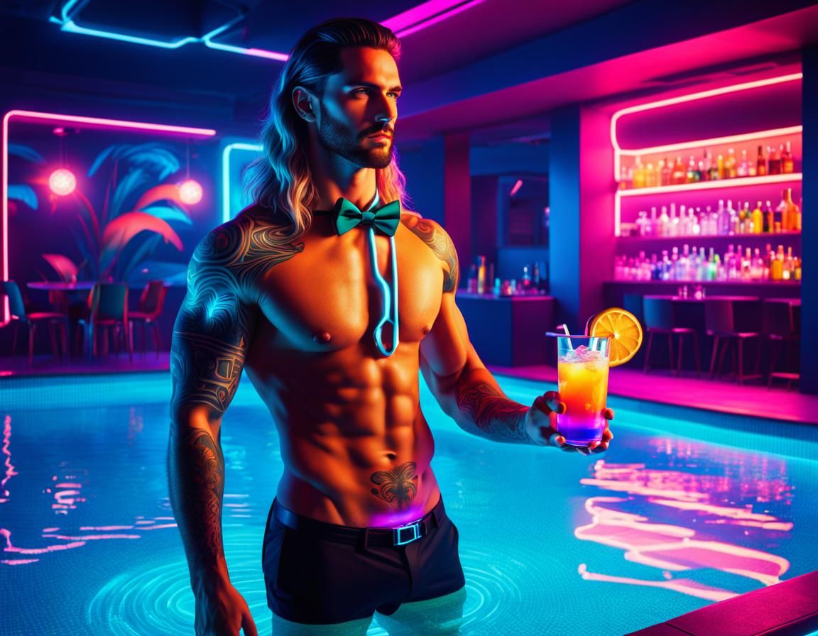 Cyberpunk Waiter Serving Drinks Poolside