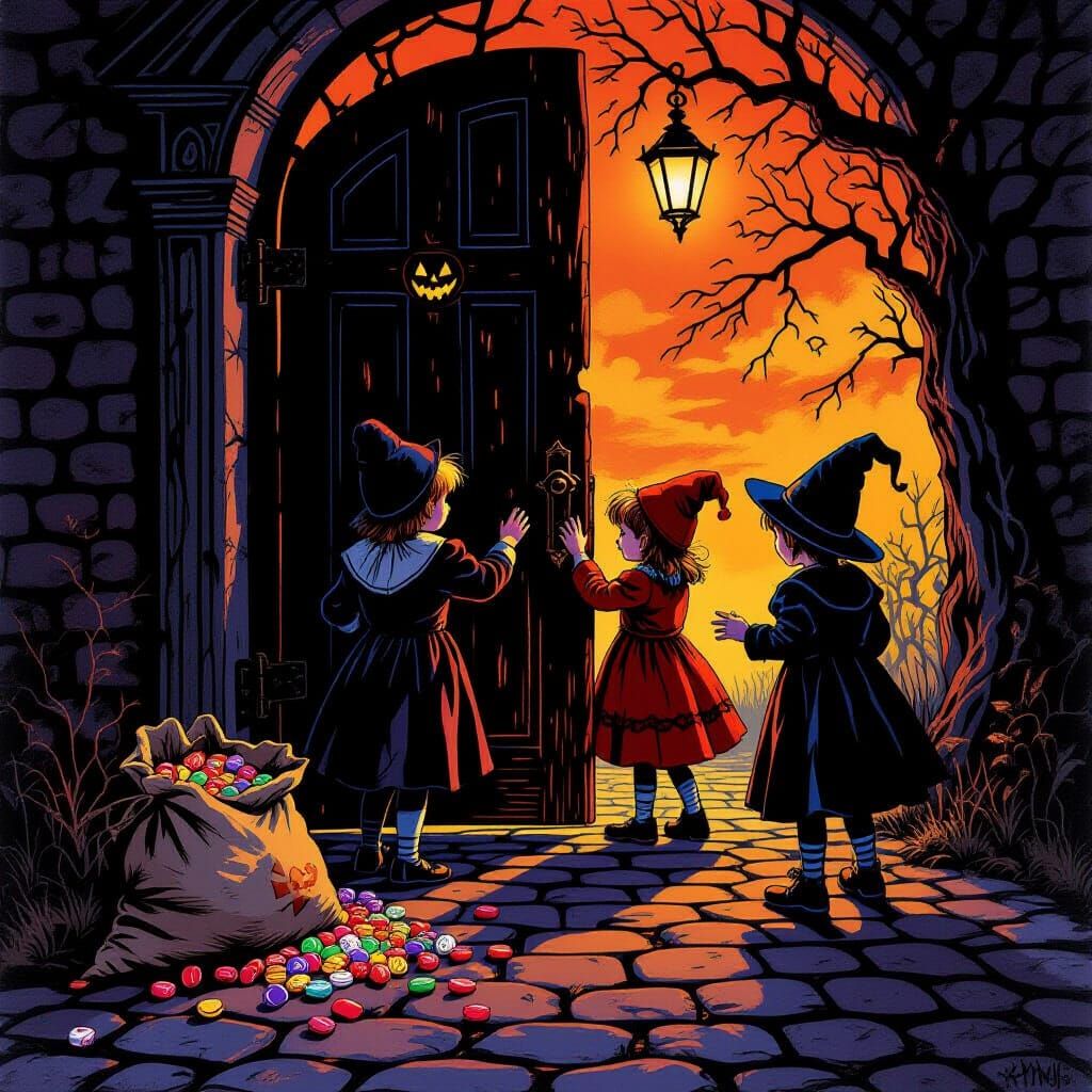 Eerie Halloween Scene of Children at Ancient Door