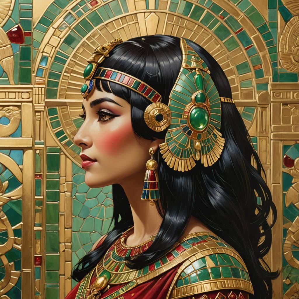 Cleopatra Portrait with Golden Headdress and Egyptian Garden