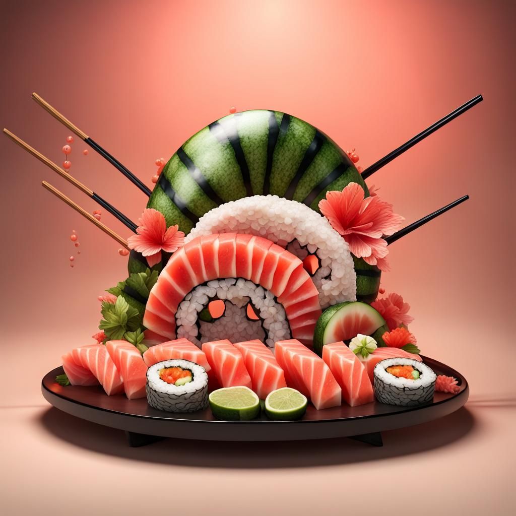 Hyperrealistic Sushi Platter with Watermelon Sculpture