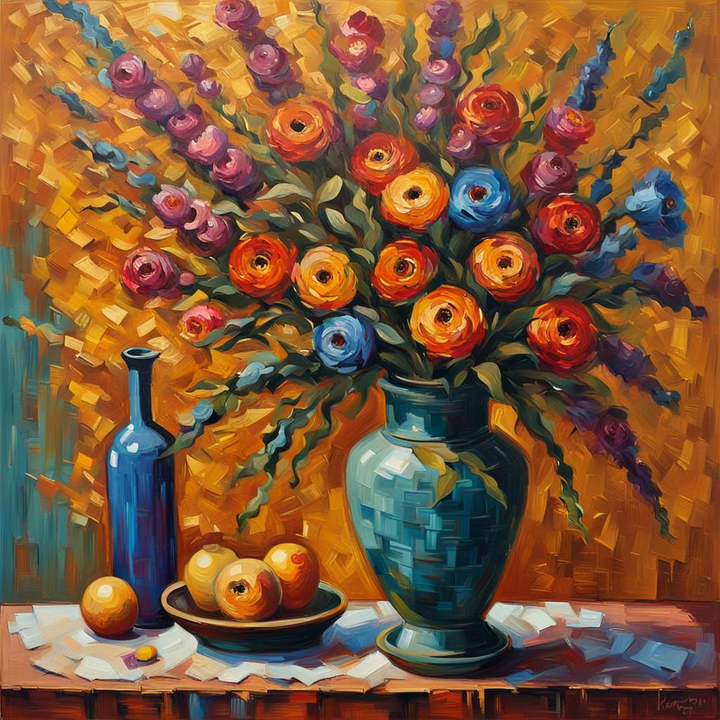 Neo-Expressionist Still Life with Flowers as Impasto Paintin...