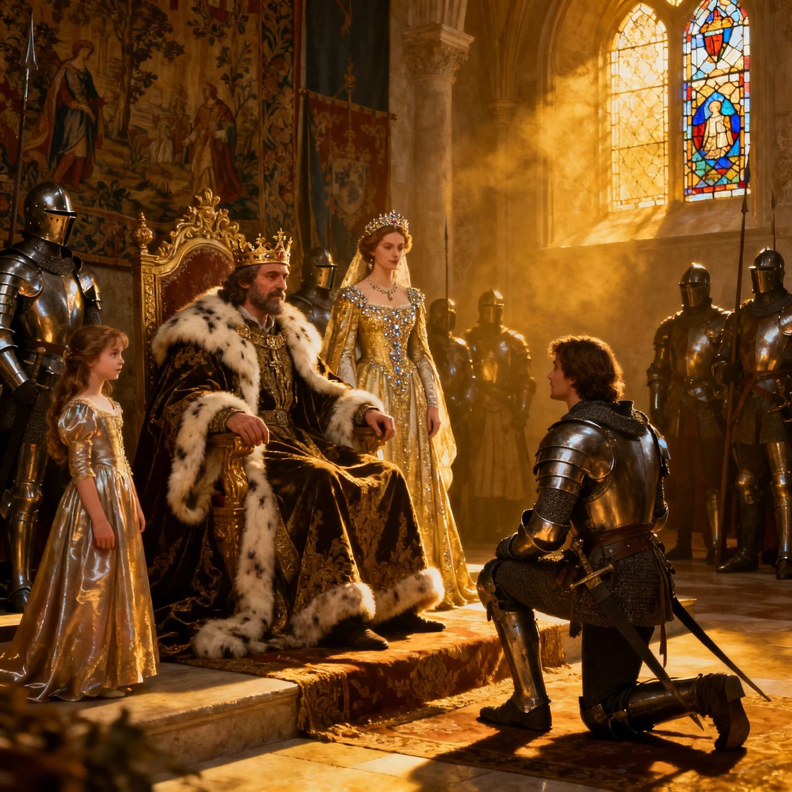 Knights Kneel Before Royalty in Grand Hall