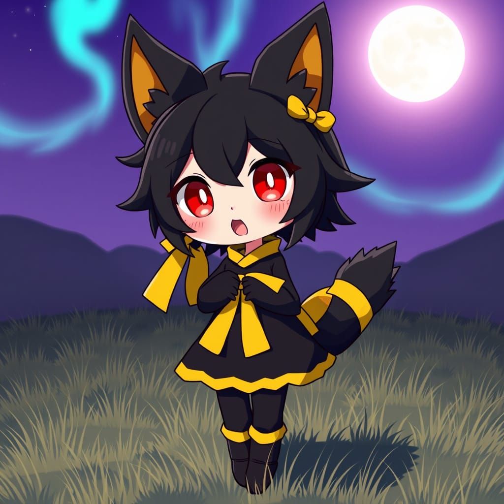 Moody Anime Catgirl Cosplays as Umbreon Under Starry Night