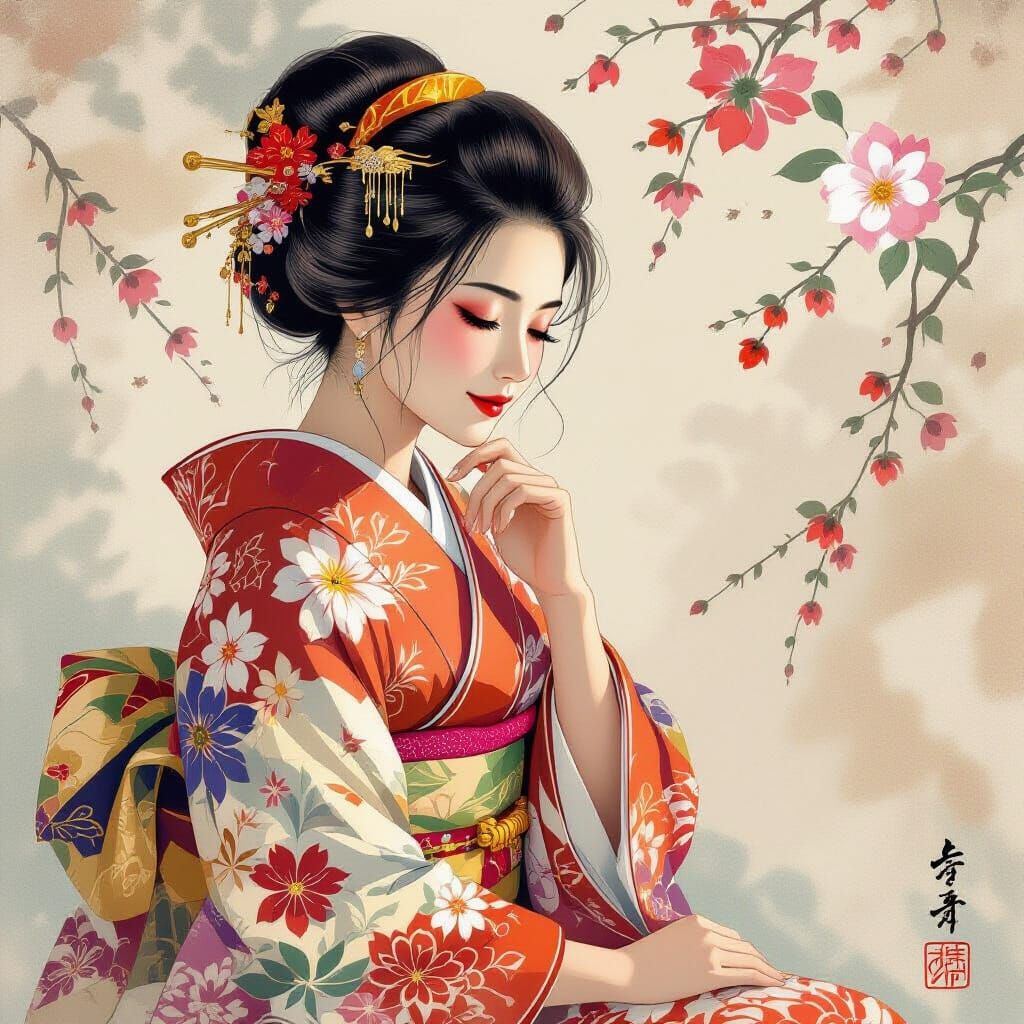 Serene Woman in Kimono: Yamato-e Style