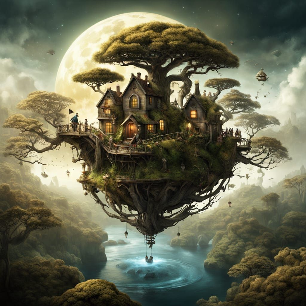 Clockwork Treehouse in Bioluminescent Forest