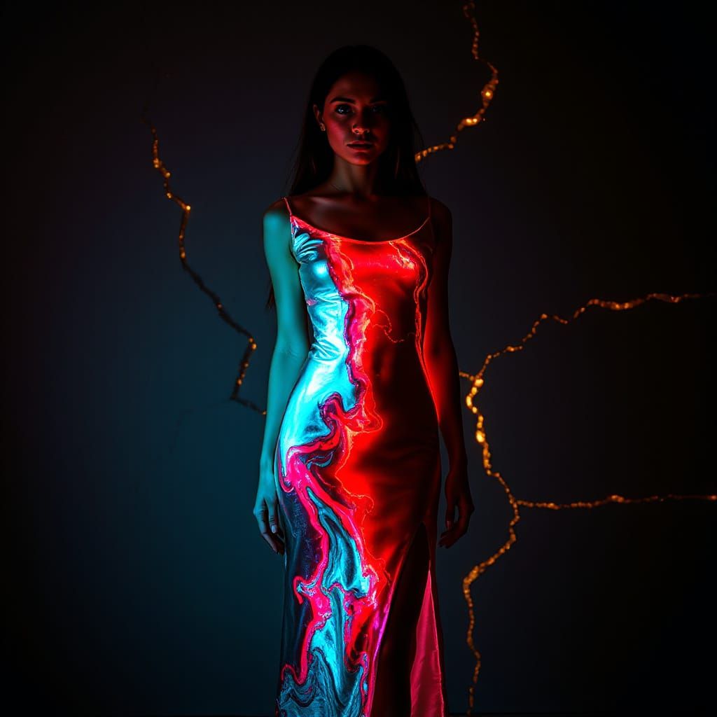 Woman in Metallic Dress with Fiery Glow in Kintsugi Art