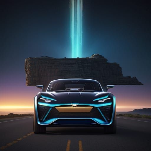 Retro-Futuristic Car on Iridescent Lava Lamp-Inspired Cliffs...