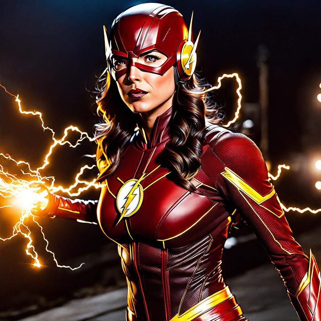 Female the Flash, holding electricity, engulfed in electrici...