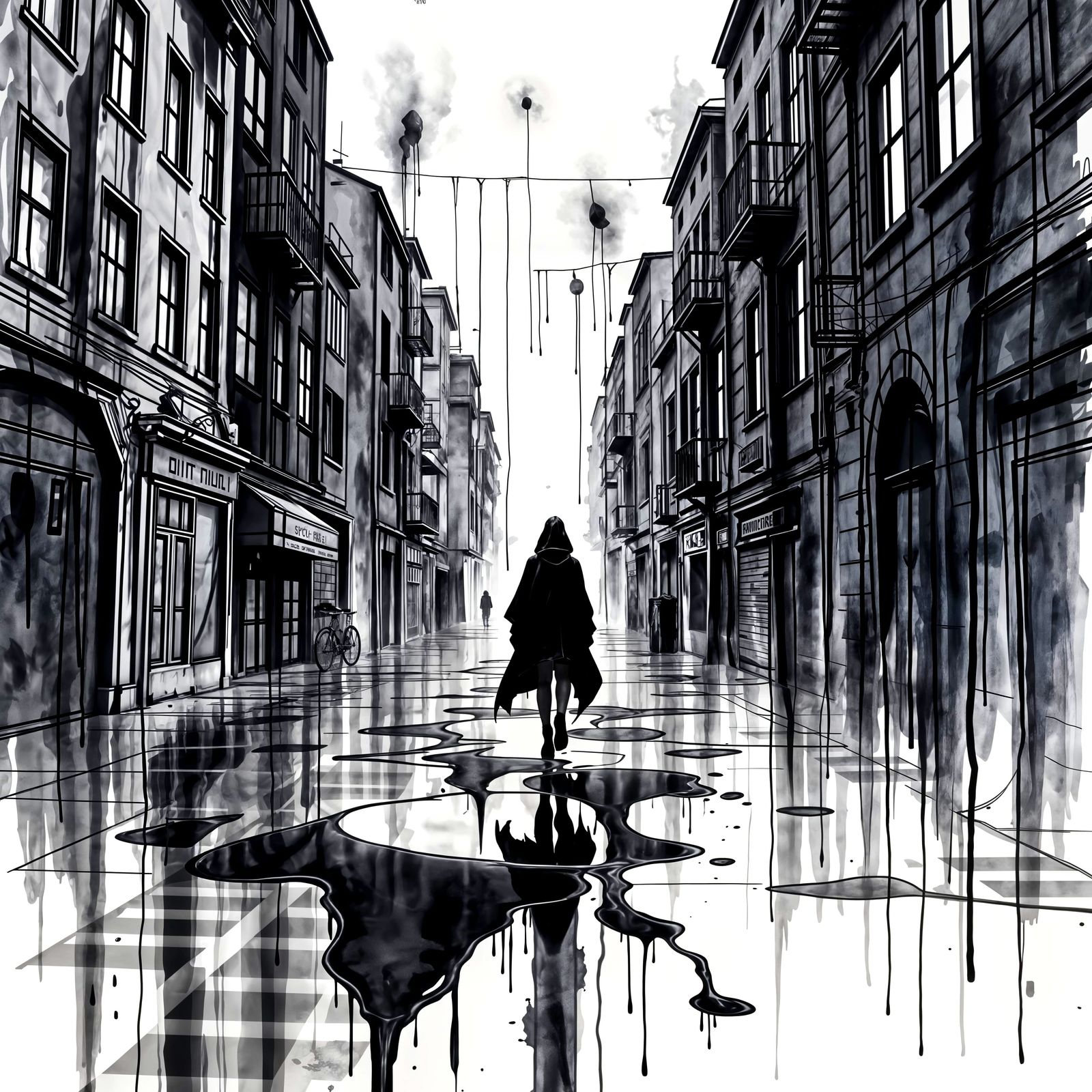 Surreal Black Cityscape in Watercolor Style