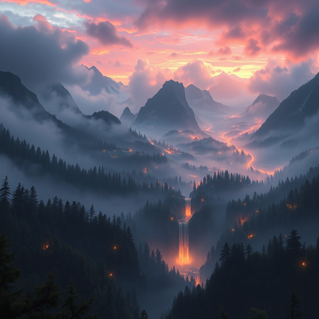 Ethereal Landscape with Glowing Forest, Matte Painting