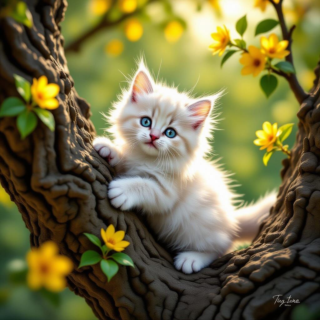 Fluffy White Kitty Climbs Textured Tree Amidst Blossoms