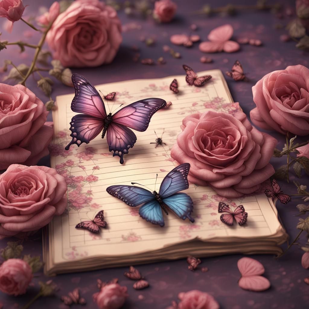Dusty Rose Flowers and Butterflies: Fantasy Concept Art