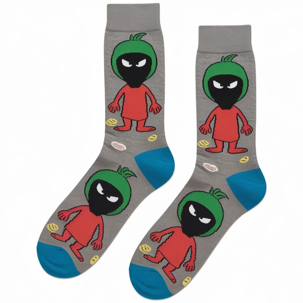 Gray Socks with Martian Cartoon Character Pattern