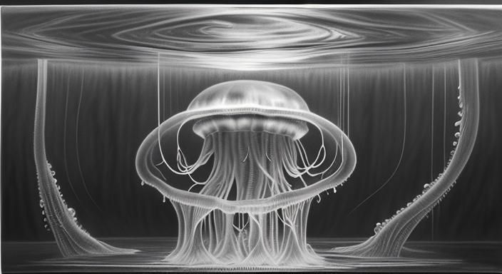 Alien Jellyfish in Tropical Lake: Charcoal Drawing
