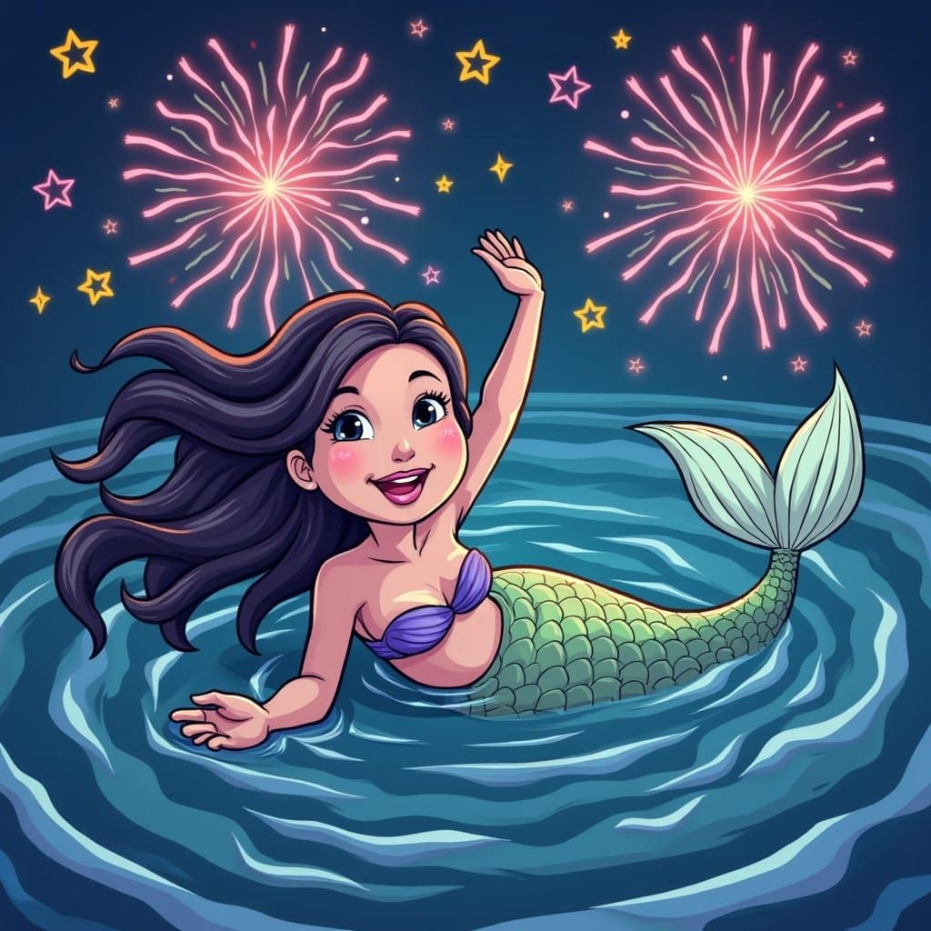 Mermaid Celebrating New Year with Fireworks in Vibrant Carto...