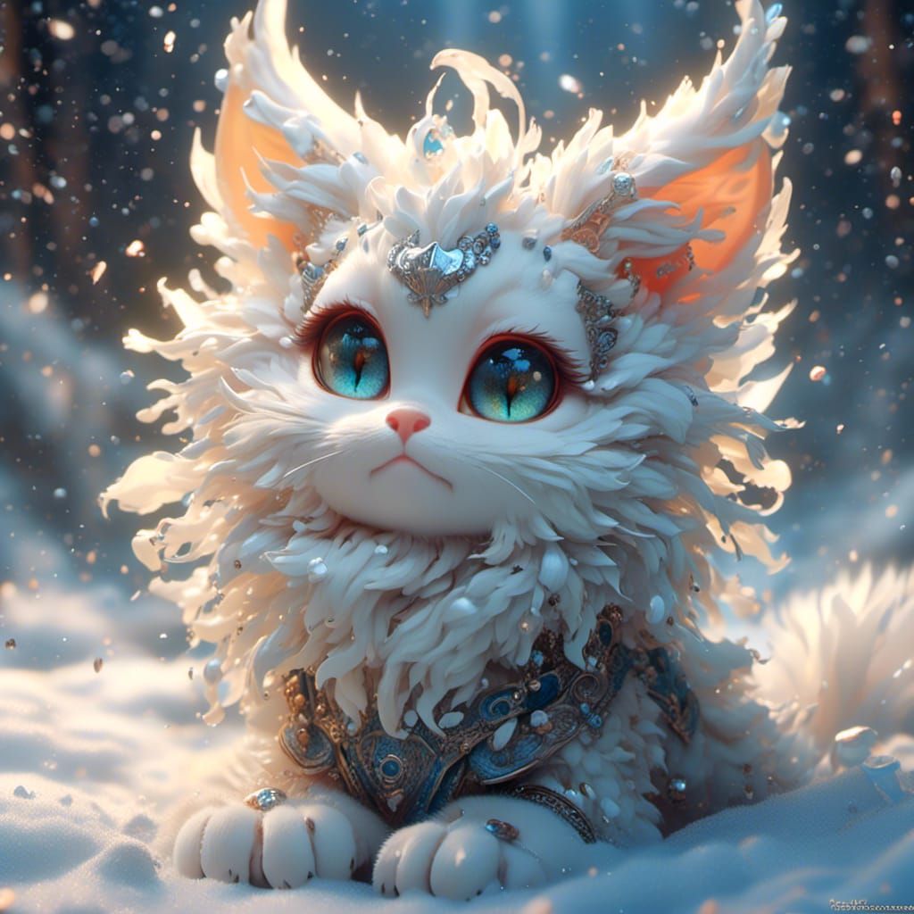 Anime Kitten Portrait in Snowy Landscape