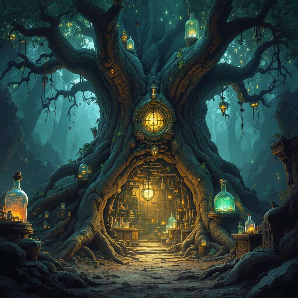 Secret Tree Laboratory with Steampunk Machinery