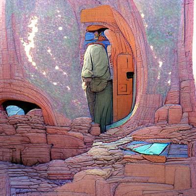 Surreal Scene Through Old Doorway in Moebius Style