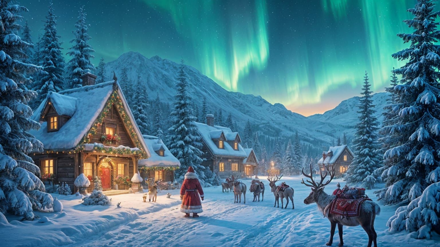 Magical Christmas Village Under Northern Lights