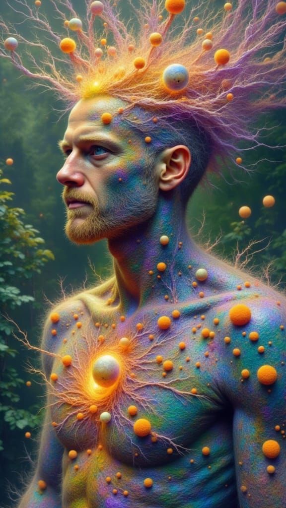 Chromatic Surrealism: Fractal Man Hatching on Floating Islan...