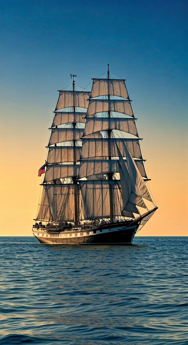 Historic American Sailing Ship Sails Calm Seas at Sunset