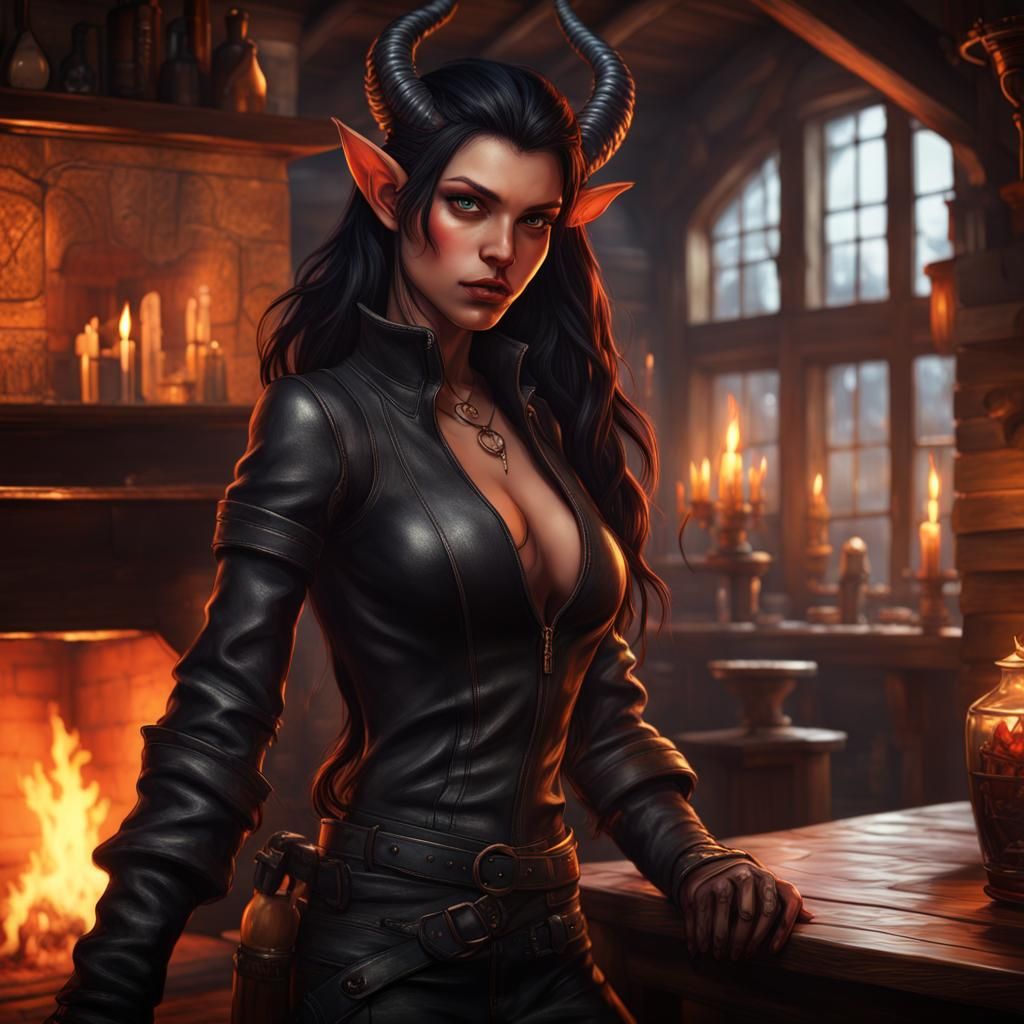 "Female Tiefling Character, anime character, wearing black l...