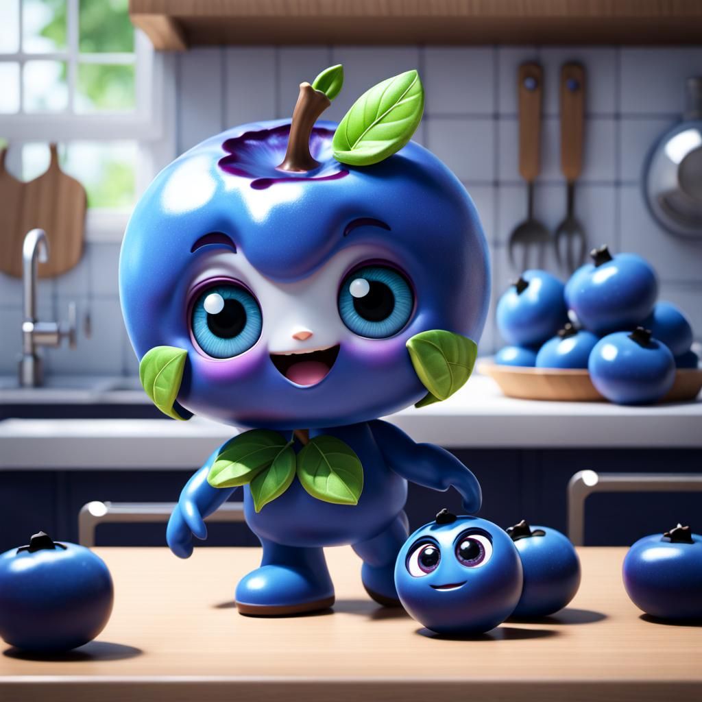 Adorable Chibi Blueberry Character in Hyperrealistic Kitchen