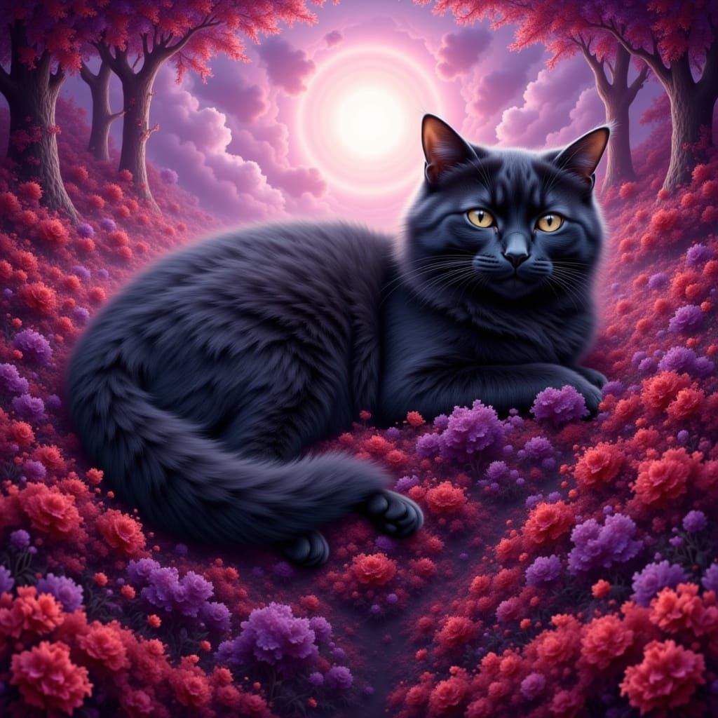 Stylized Black Cat in Sunbeam, Surrealist Impressionism