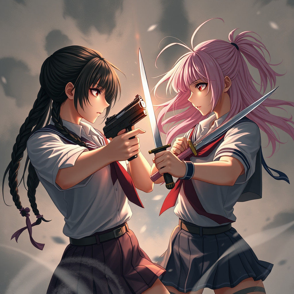 Ethereal Schoolgirl Battle: Gun vs. Knife in Dreamlike Style