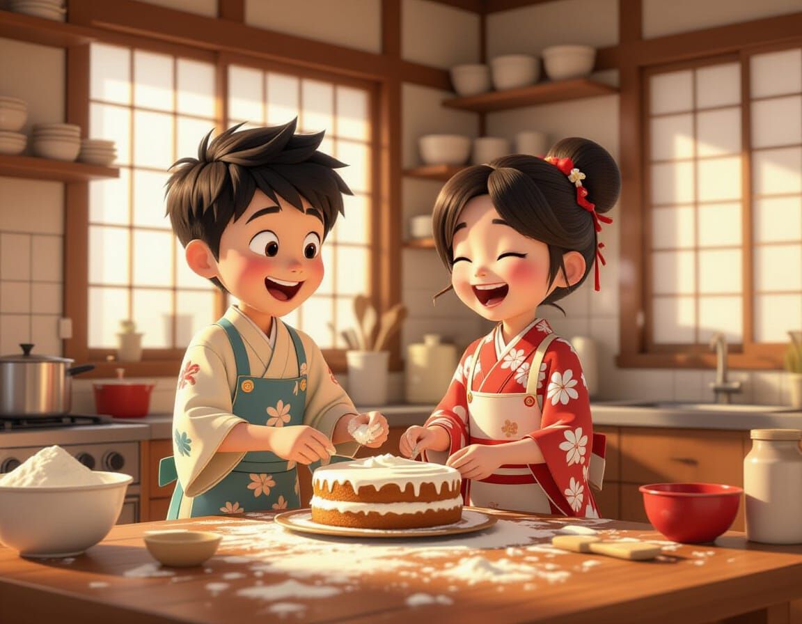 Animated Children Baking Cake in Traditional Japanese Kitche...